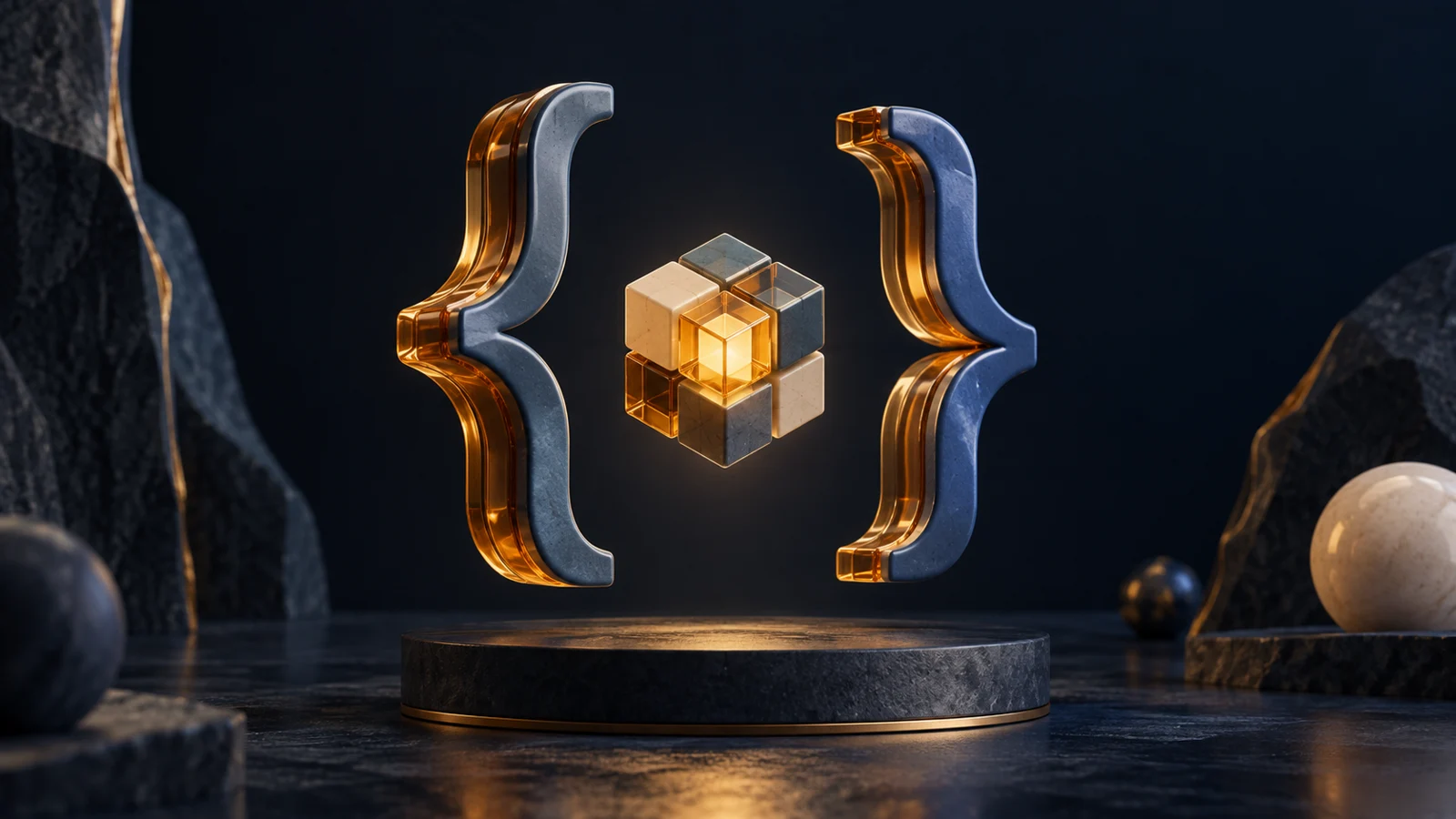 Sculptural amber braces surrounding a modular blue cube